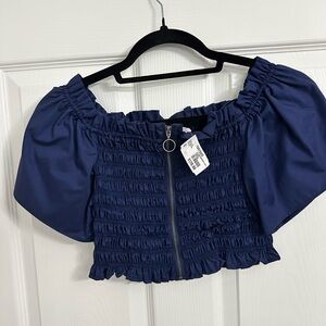 Parker Navy Off-Shoulder Smocked Crop Top